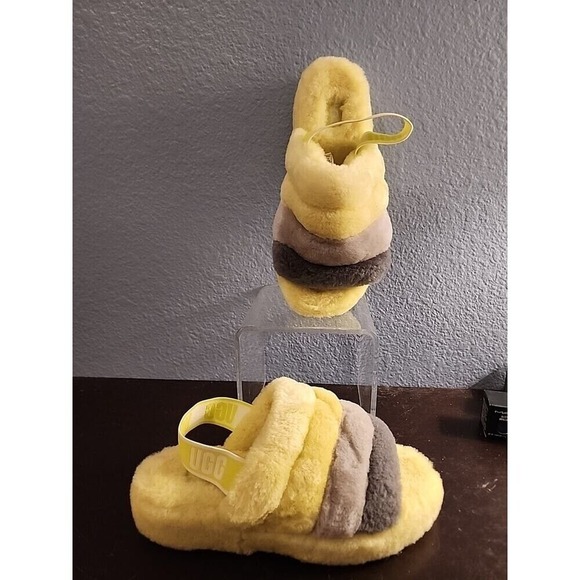 UGG Fluff Yeah Slide Sulfur Multi Yellow Fur Slippers Womens Size 9 NWOB‎ - Picture 1 of 6